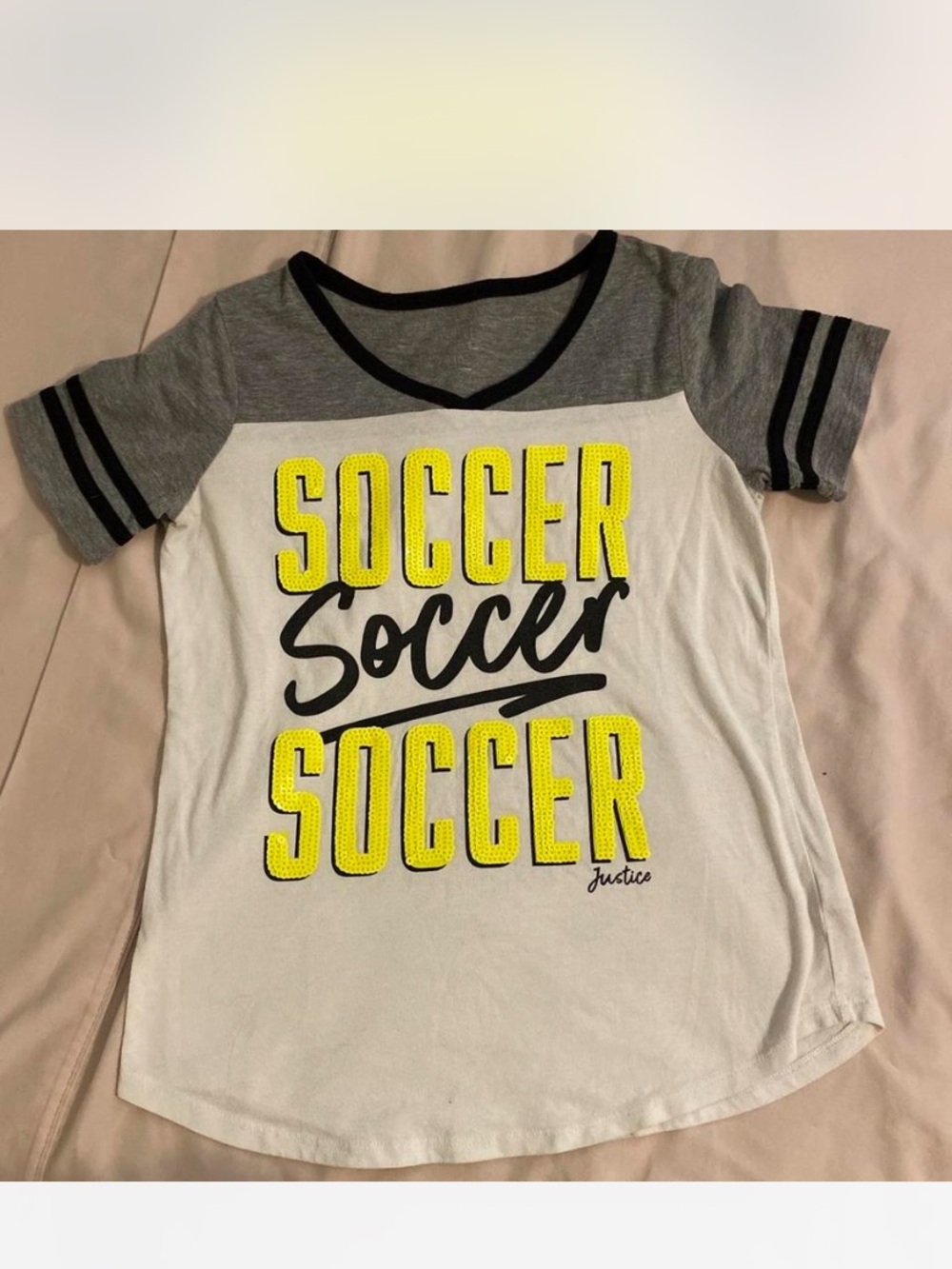 Justice Girls White, Gray & Yellow 'Soccer' Graphic Tee Sz 10